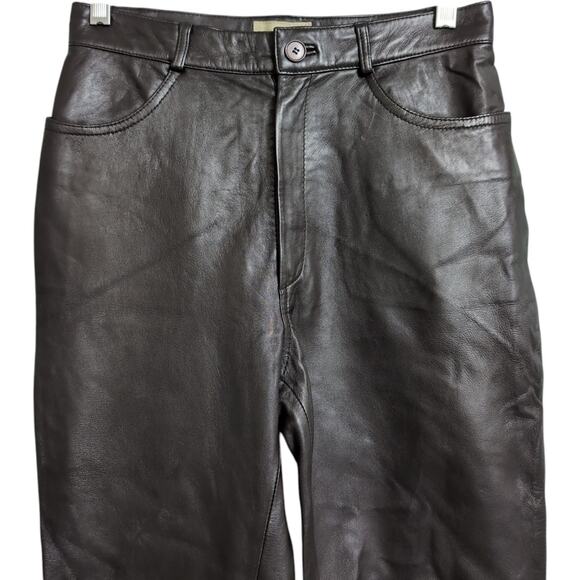 Rem Garson Brown Straight Leg Zipper High Rise Leather Pants Size 6 - Picture 2 of 14
